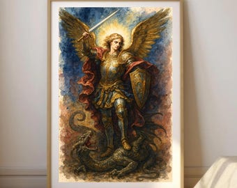 May include: A framed watercolor print depicting a winged figure in golden armor holding a sword and shield, standing over a dark, serpentine creature. The figure has a glowing halo and a red cape, set against a blue and orange textured background.