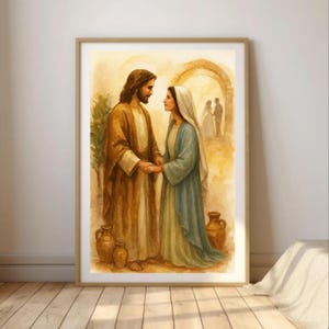 May include: Watercolor painting in a wooden frame depicting two figures holding hands. One figure wears a brown robe, the other a blue and yellow dress. Two clay jugs are in the foreground. A light-colored archway and figures are in the background.