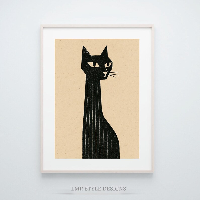 Mid Century Black Cat Wall Art | Modern Cat Print | Minimalist Feline ...