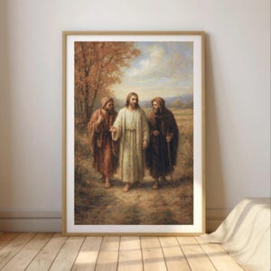 Arte mural de Jesús caminando con discípulos / Impresión de paisaje cristiano / Obra de arte de viaje bíblico / Decoración de las Escrituras de fe / Arte religioso para el hogar