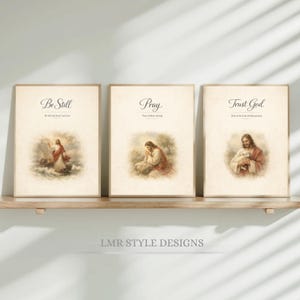 Christian Wall Art Set Of 3 | Be Still & Know I am God, Pray, Trust | Prayer Room Decor | Scripture Prints | Bible Verse Wall Decor