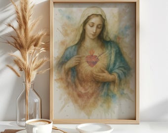 Immaculate Heart of Mary Watercolor Print | Vibrant Sacred Heart Painting | Catholic Wall Decor Holy Mother Digital Download Faith Artwork