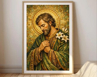 St Joseph Wall Art | Saint Joseph with Lilies Mosaic Artwork | Catholic Devotional Print | Christian Religious Painting | Digital Download