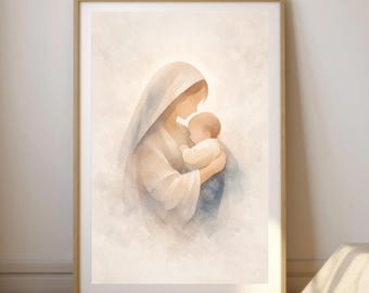Decoración cristiana para pared con la Virgen María y el Niño Jesús / Decoración religiosa para habitación infantil / Lámina de acuarela de la Virgen y el Niño / Obra de arte minimalista de fe