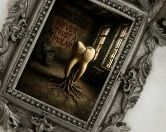 Never Trust a Molar Poster | Creepy Halloween Dental Art | Scary Root Tooth | Horror Gothic Dentist Office Wall Decor | Digital Download