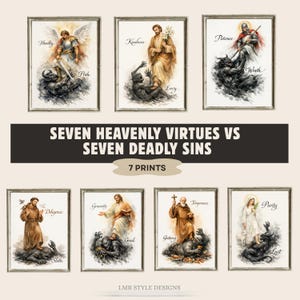 Set of 7 - Seven Heavenly Virtues Vs Seven Deadly Sins Original Christian Wall Art | Life Of Man Upon Earth Is A Warfare Bible Verse Job 7:1