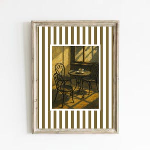 Cafe Table Painting | Vintage Stripes Wall Art | Home Coffee Decor | Art Print for Living Room | Classic Interior Wall Decor Coffee Cup Art