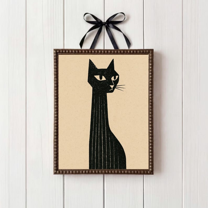 Mid Century Black Cat Wall Art | Modern Cat Print | Minimalist Feline ...