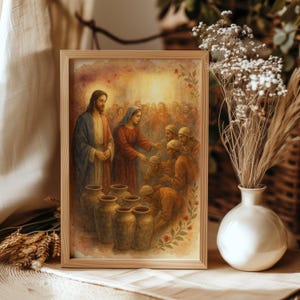 Miracle of Jesus Turning Water Into Wine | Christian Bible Wall Art Print Vintage Religious Decor Wedding at Cana Painting, Digital Download