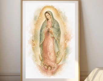 Lámina de Nuestra Señora de Guadalupe / Boceto religioso de la Virgen María / Virgen de Guadalupe para imprimir / Arte mural digital cristiano en acuarela dorada