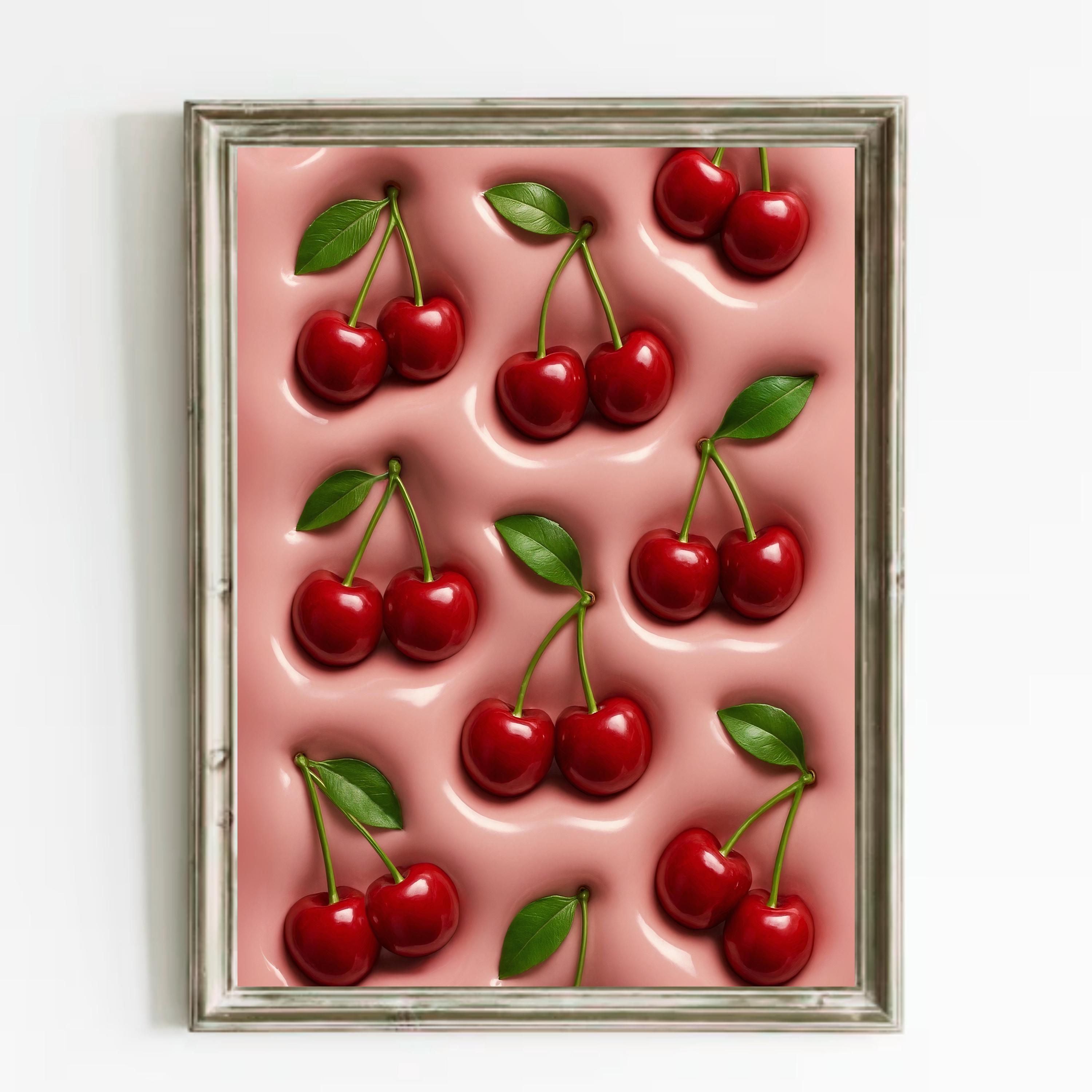 アクリル画 無題 108 『American Cherries』 Retro Cherry Pop Wall Art | Girly Kitchen Decor | Pink and Red