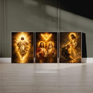 May include: A triptych of three framed wall art prints featuring religious imagery. The left panel shows a figure ascending in golden light. The center panel depicts two figures with a dove above. The right panel shows a figure blessing another.