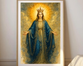 Queen of Heaven Wall Art | Blessed Virgin Mary Print | Catholic Religious Artwork | Halo Marian Decor for Christian Home | Digital Download