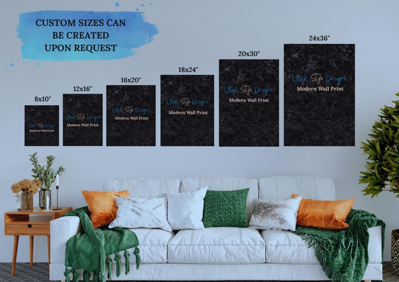Peut inclure: Une maquette de diff&eacute;rentes tailles d'une impression murale moderne avec le texte "Link Style Design" et "Modern Wall Print". L'impression est sur un fond noir avec un aspect textur&eacute;. Les tailles sont de 8x10 pouces, 12x16 pouces, 16x20 pouces, 18x24 pouces, 20x30 pouces et 24x36 pouces.