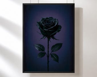 Stampa gotica malinconica con rosa nera / Decorazione murale dark academia / Download digitale per ambienti gotici, magici o lunari