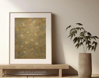 Golden Birds in Flight Wall Art | Rustic Minimalist Vintage Style Print | Digital Download