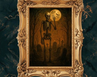 Skeleton Walking Through Cemetery Gothic Wall Art Print, Spooky Graveyard Halloween Decor, Dark Haunted Skeleton Skull Art, Digital Download