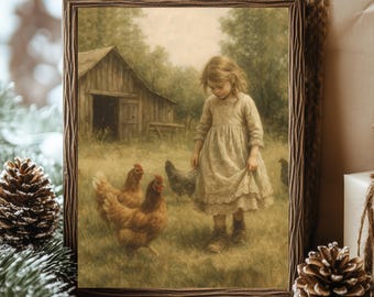May include: A framed wall art print featuring a sepia-toned painting of a child in a light-colored dress standing in a grassy field with several chickens. A wooden barn is visible in the background, all enclosed within a textured dark brown frame.