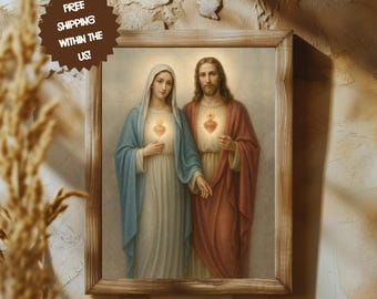 May include: A framed religious print featuring two figures, one in a blue robe and the other in a red robe, each with a glowing heart. The artwork is set against a textured background, with a wooden frame.