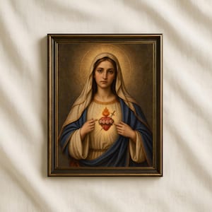 May include: A framed painting of the Immaculate Heart of Mary, featuring a figure in a cream-coloured tunic and blue mantle. The figure has a glowing heart with a sword and roses on the chest, set against a dark, textured background.