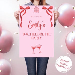 Panneau de bienvenue rose EVJF à imprimer | Panneau de douche nuptiale sur le thème disco avec noeuds | Fête des poules en téléchargement numérique | Future mariée