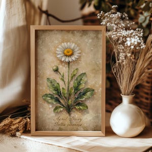 April Birth Flower Daisy Art Print | White Daisy Flower Artwork | Vintage Botanical Wall Decor | Gift for April Birthday Spring Floral Decor