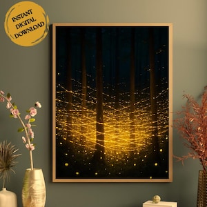Glowing Fireflies Enchanted Forest Wall Art – Magical Dark Woods Printable, Tree Night Scene, Nature Digital Download Home Decor | Gift Mom