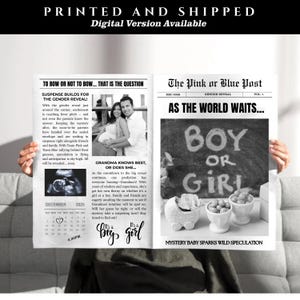 Faire-part de bébé de style journal personnalisé pour révéler le sexe | Faire-part de fête révélateur de sexe | Rose ou bleu | C'est une fille garçon | Imprimé