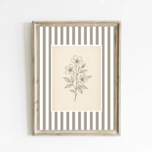 Soft Neutral Cottagecore Floral Art Print with Stripes | Botanical Flower Digital Download | Minimalist Flower Poster for Home Decor