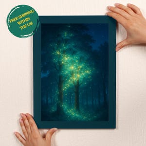 Enchanted Glowing Forest Wall Art Print | Magical Fireflies Tree Night Scene | Mystical Green Forest Canvas | Fantasy Nature Decor Free Ship