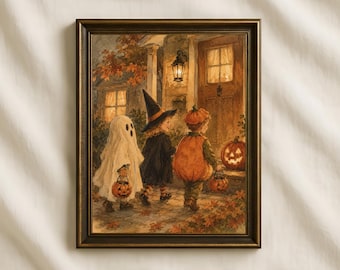 May include: A framed art print depicting three children in Halloween costumes standing before a house door at night. One child wears a white ghost sheet, another a black witch hat and dress, and the third a pumpkin suit, all holding small jack-o'-lantern buckets.