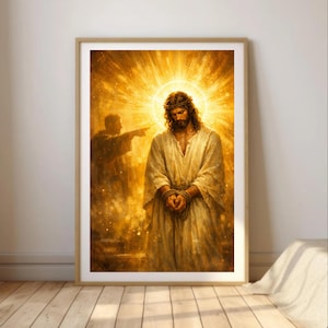 Può includere: Un'opera d'arte religiosa incorniciata raffigura una figura con un'aureola e una corona di spine, mani legate, in una veste bianca. Una seconda figura indica la figura centrale. Lo sfondo è una luce dorata radiosa.