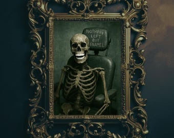 Nothing Left But Enamel Skeleton Print | Funny Halloween Dental Wall Art | Spooky Dentist Chair Grim Reaper Tooth Poster | Digital Download