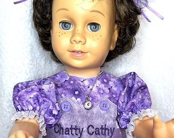 Chatty Cathy Doll Dress in Purple with Embroidered Name, Undies and Hair Bows