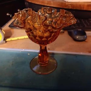 Vintage Fenton Amber Glass Ruffled Edge Pedestal Dish