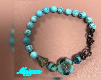 Turquoise Gemstone Bracelet: Czech Glass Flower, Boho Beaded Jewelry