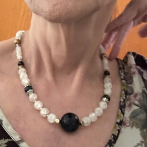 Bold Black & White Gemstone Statement Necklace  Clear Quartz Black Onyx  Brass  Handmade Boho Jewelry  Custom Length