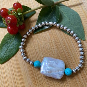 Baroque pearl, Silver 925, Natural Turquoise Bracelet ,