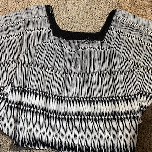 Vintage Black & White Notations Large Blouse with Square Crochet Neckline Flutter Sleeves