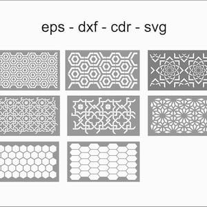 May include: A collection of gray stencils with various geometric patterns, including hexagons, starbursts, and floral designs. The stencils are arranged in rows and columns. The text "eps - dxf - cdr - svg" is at the top.