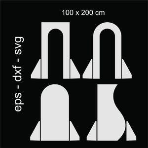 Può includere: Grafica vettoriale bianca su sfondo nero. L'immagine presenta quattro diversi design, ognuno con una forma unica. Le dimensioni sono 100 x 200 cm. Il testo a sinistra recita "eps - dxf - svg".