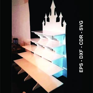 May include: A white, multi-tiered display stand with a castle silhouette at the top. The stand has several rectangular shelves supported by angled brackets. The text "EPS - DXF - CDR - SVG" is printed vertically on the right side.