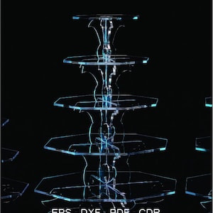 May include: A clear acrylic cake stand with five tiers, each tier is a hexagon shape. The stand is designed with a decorative, ornate pattern.  EPS - DXF - PDF - CDR