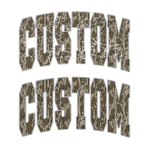 May include: Two rows of the word CUSTOM in a bold, block-style font. The top row features a distressed, weathered texture, while the bottom row displays a smooth, realistic brown and green tree bark camouflage pattern with dark outlines.