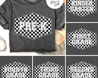 Retro Checkered Back to School Girls & Boys PNG SVG Bundle, Kinder Garten Design, First Day PNG, Pre-K to Fourth Grade, Back To School 2025