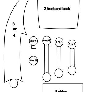 Può includere: Un cartamodello per un giocattolo di peluche con istruzioni per realizzare il davanti, il retro e i lati. Il cartamodello include misure per diverse dimensioni, tra cui 3 o 4 pollici, 6 o 8 pollici e 18 o 24 pollici.