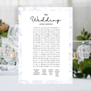 Ricerca di parole moderna per matrimoni e feste di addio al nubilato. Stampabile in formato A5 e A4 in azzurro, nero e bianco. Giochi per feste di ricevimento.