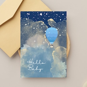 Cartão em branco "Olá, Bebê Azul", para impressão em 5x7. Balão de ar quente com nuvens, cenário natural. Chá de bebê, para menino ou menina. Download digital.