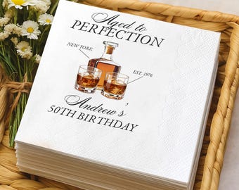 Custom Aged To Perfection Napkins, Bar Napkins For Birthday Party, Custom Birthday Whiskey Napkins