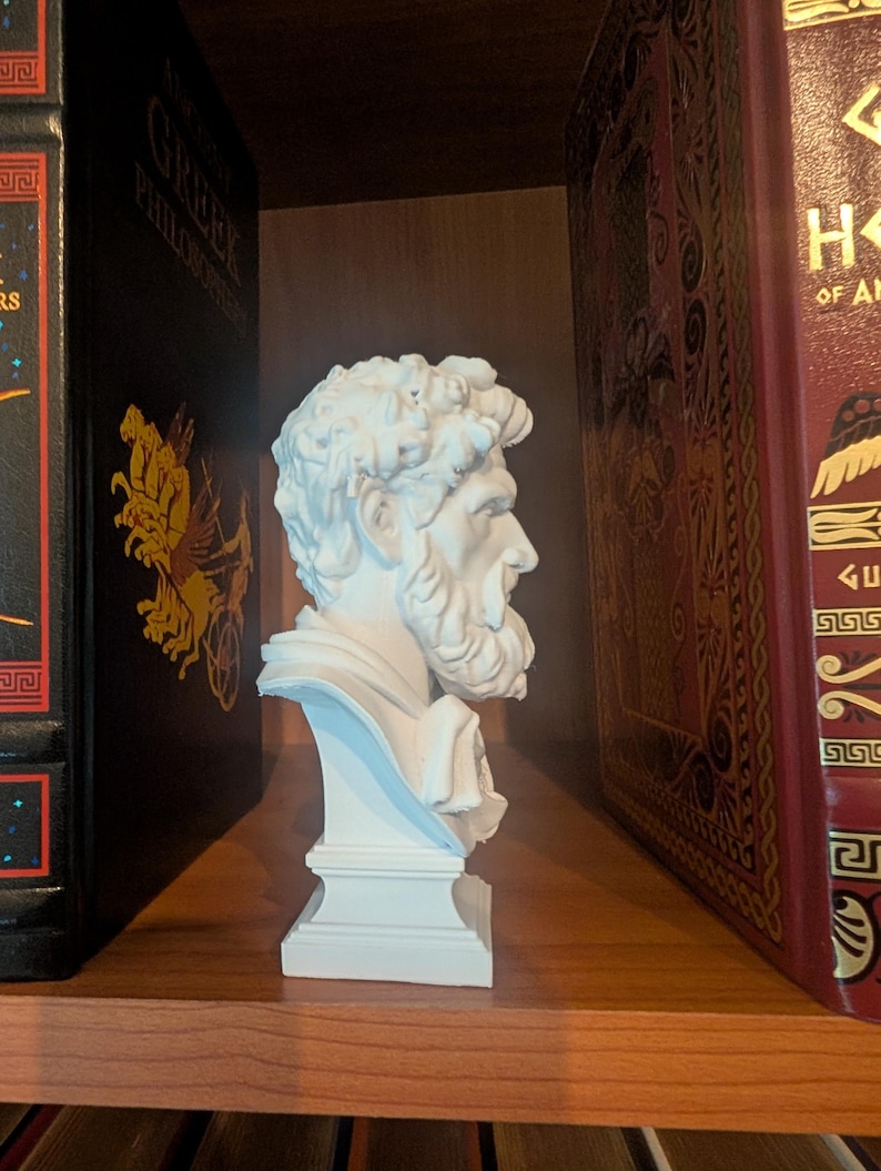 May include: A white bust of a bearded man with curly hair, displayed on a shelf between two large books. The sculpture has a detailed face and is mounted on a rectangular base. The books have gold lettering and decorative designs.